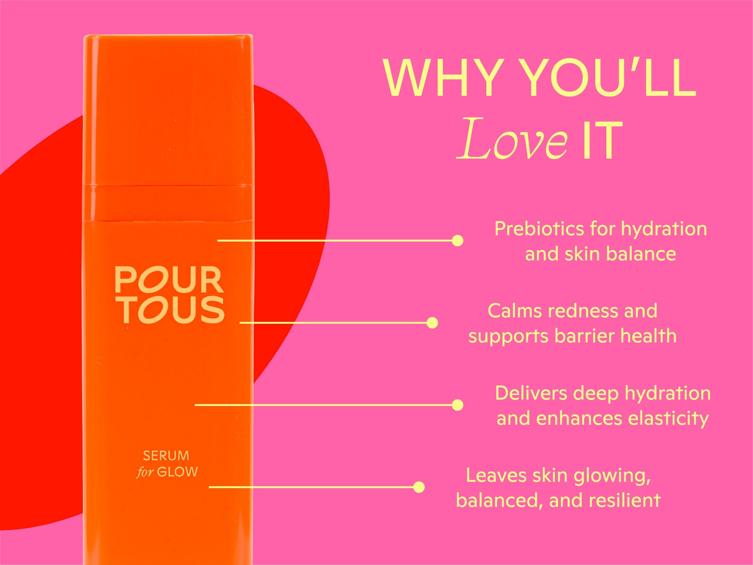 Orange serum bottle with skincare benefits and text on pink background.