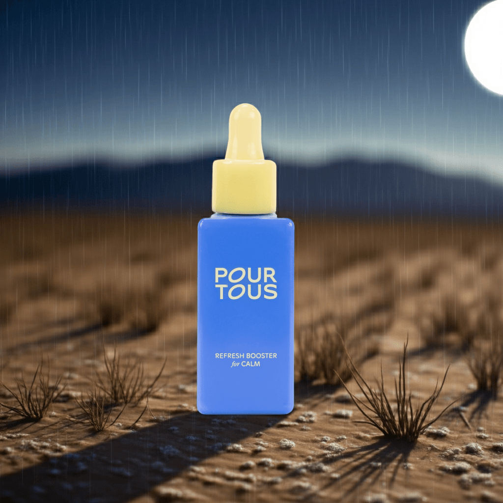 "Pour Tous Refresh Booster for Calm serum in desert setting"