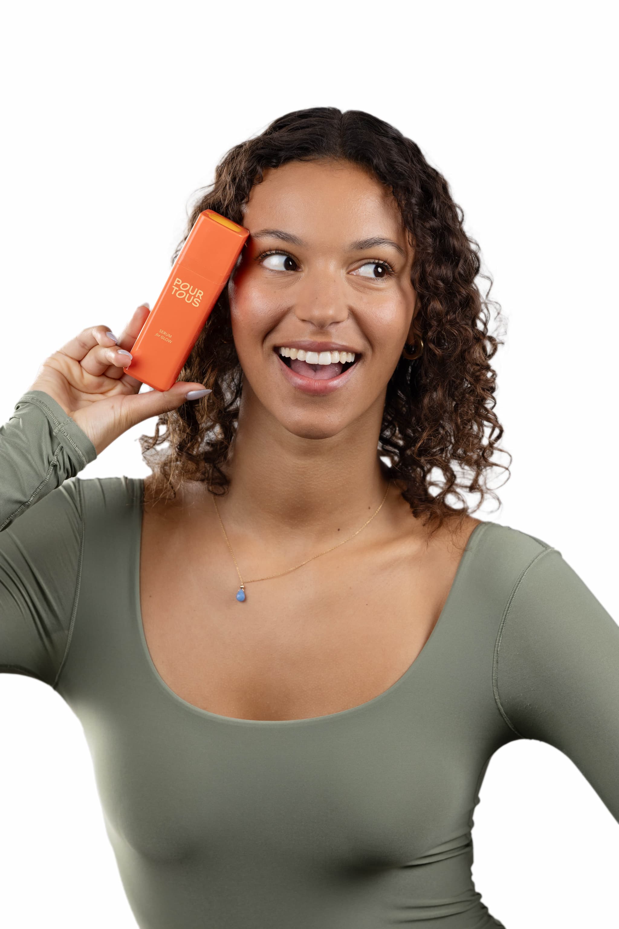 Woman smiling holding orange product box