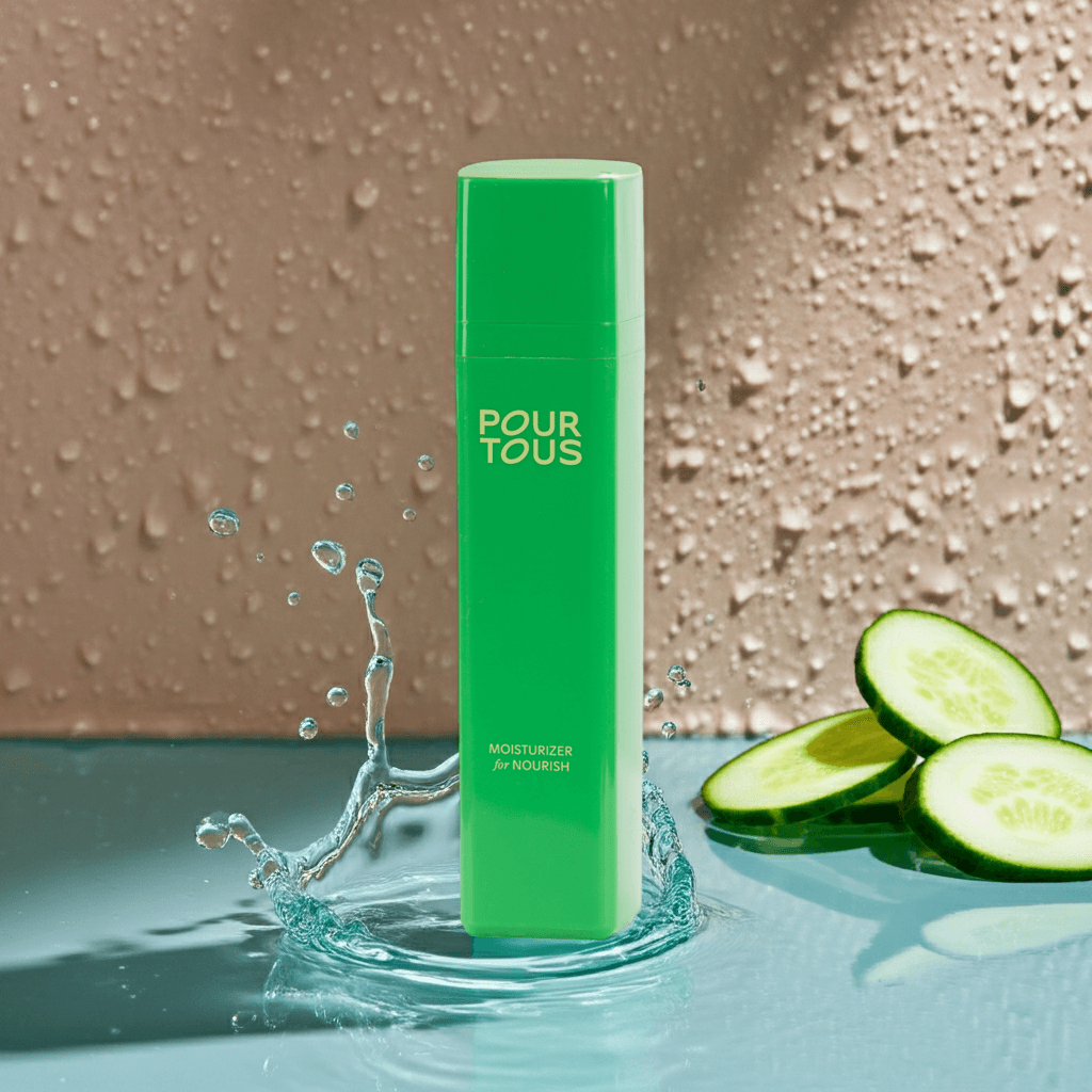 Moisturizer bottle with water splash and cucumber slices