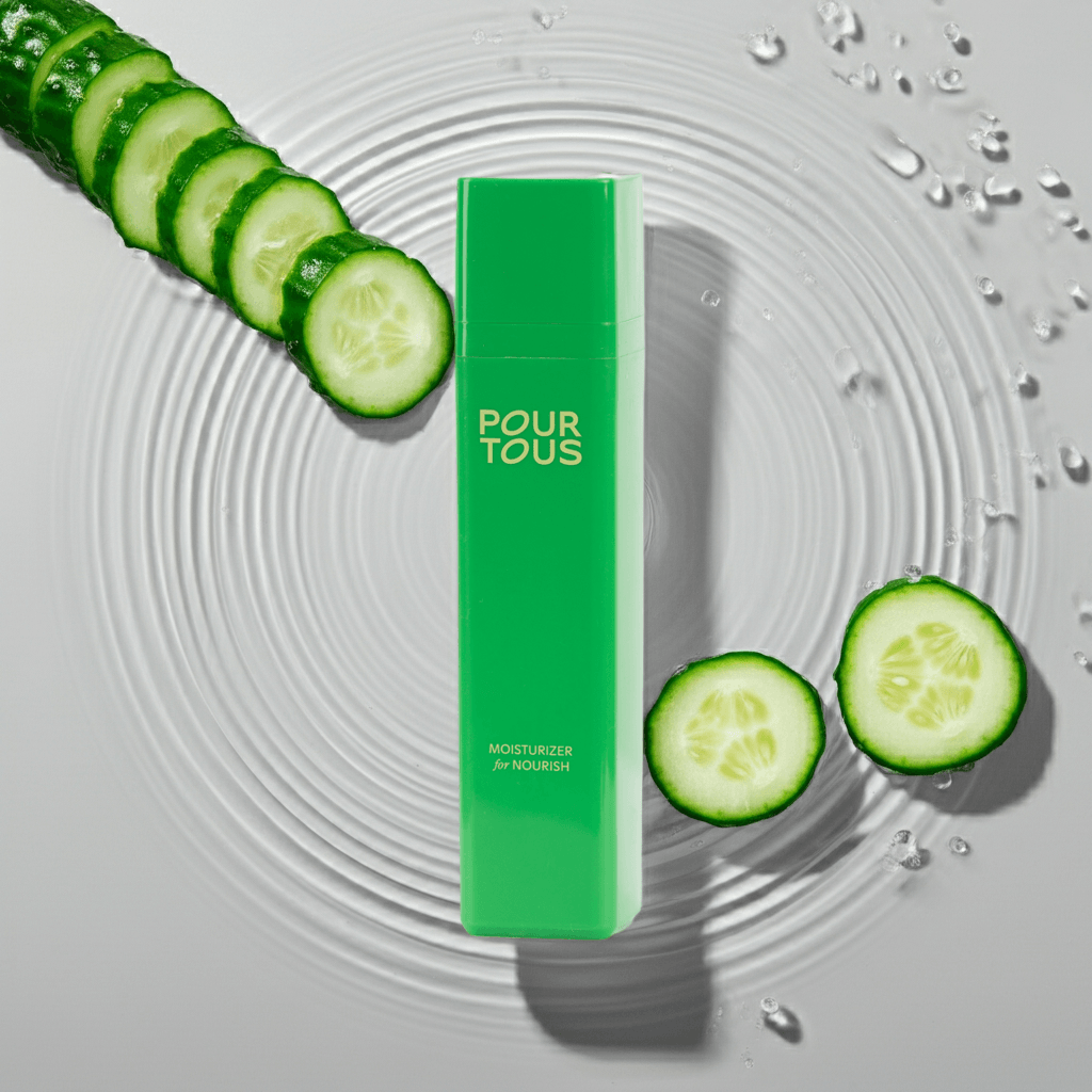 Green moisturizer bottle with sliced cucumber and water ripples.