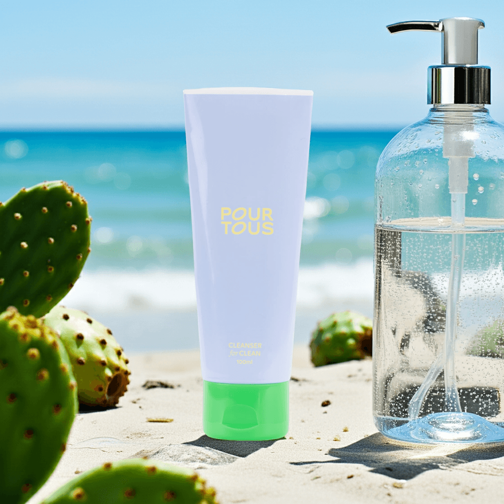 Cleanser bottle on beach with cacti and ocean background