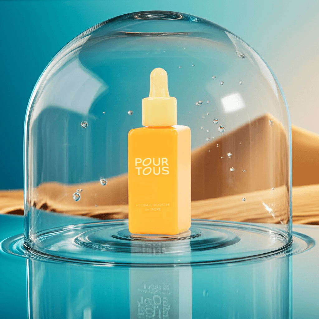 hydrating serum bottle under glass dome desert background